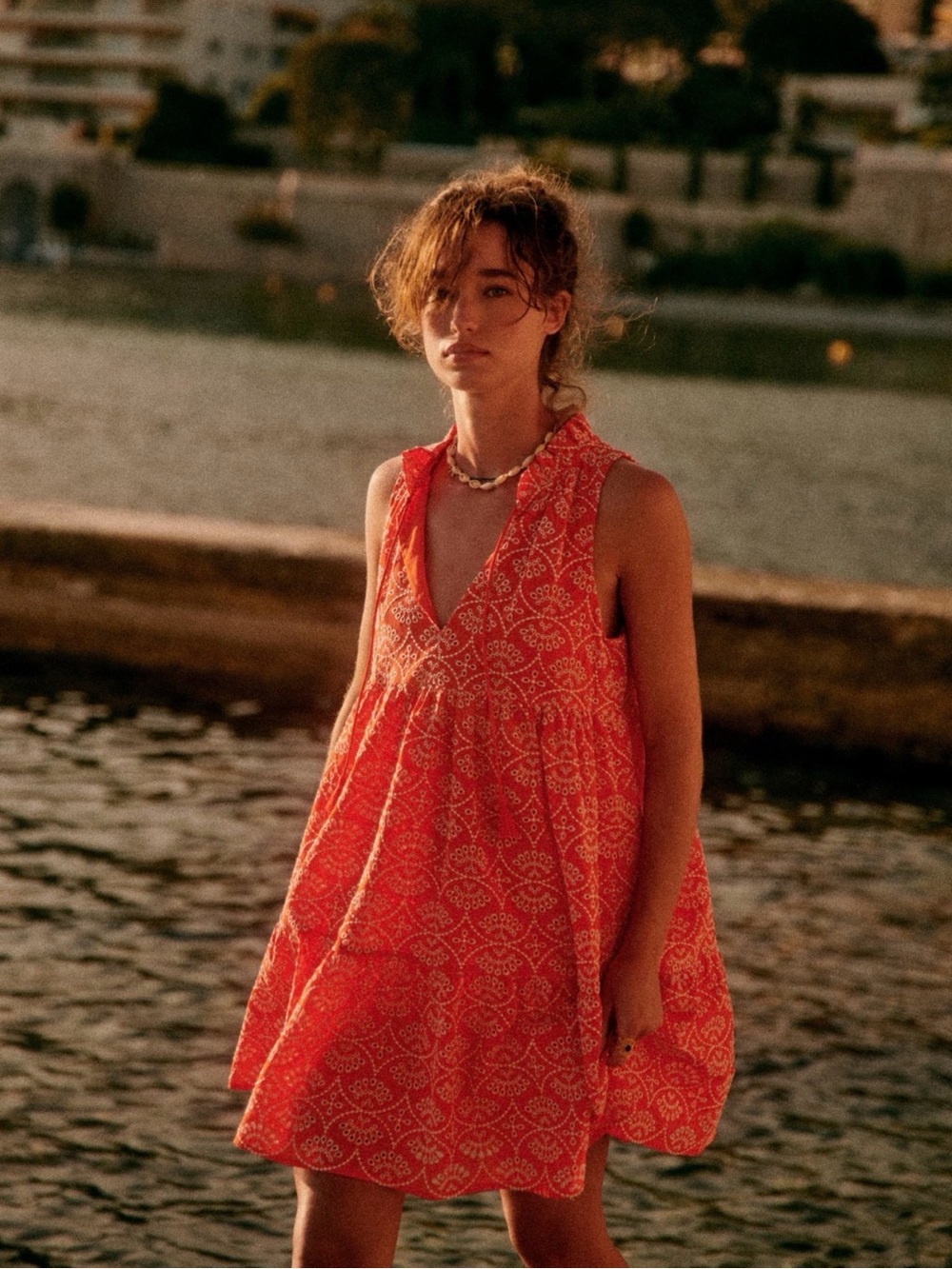 Sezane Arielle Coral Orange Cotton Dress 40 US 8 Embroidered Eyelet Medium
